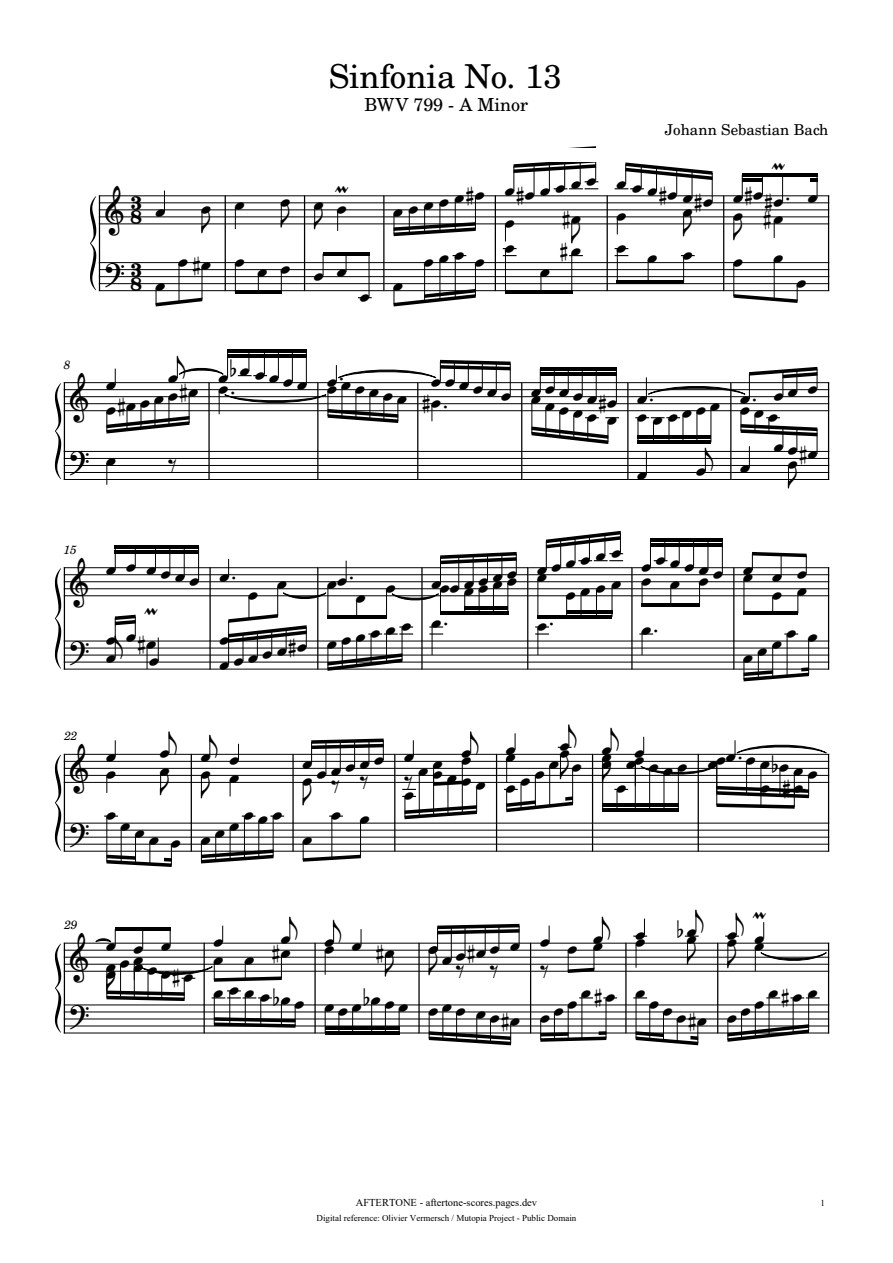 Sinfonia No. 13 in A Minor, BWV 799 piano sheet music, page 1