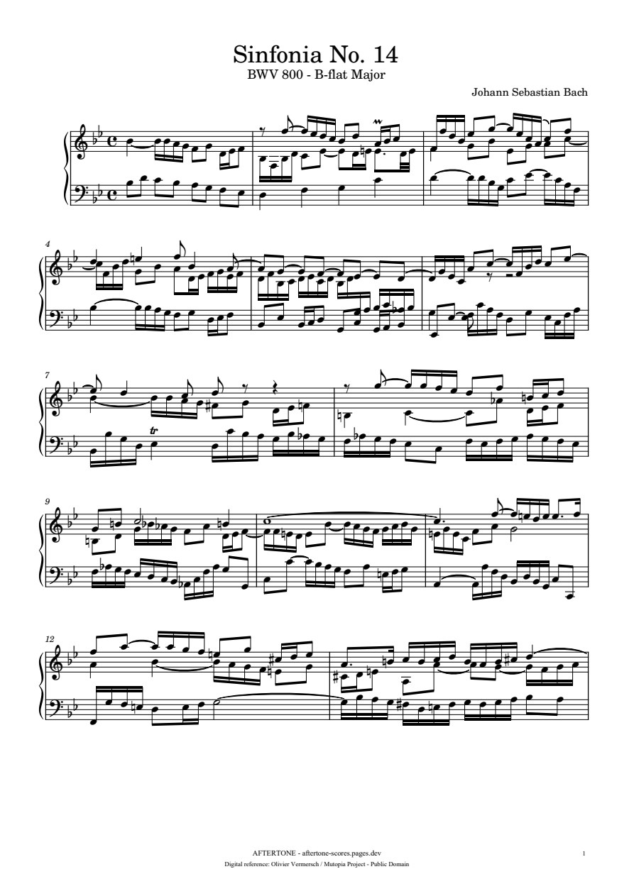 Sinfonia No. 14 in B-flat Major, BWV 800 piano sheet music, page 1