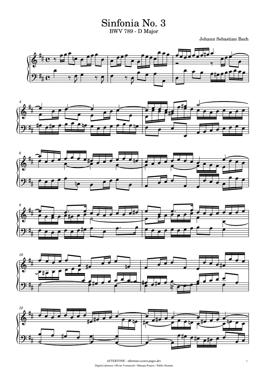 Sinfonia No. 3 in D Major, BWV 789 piano sheet music, page 1