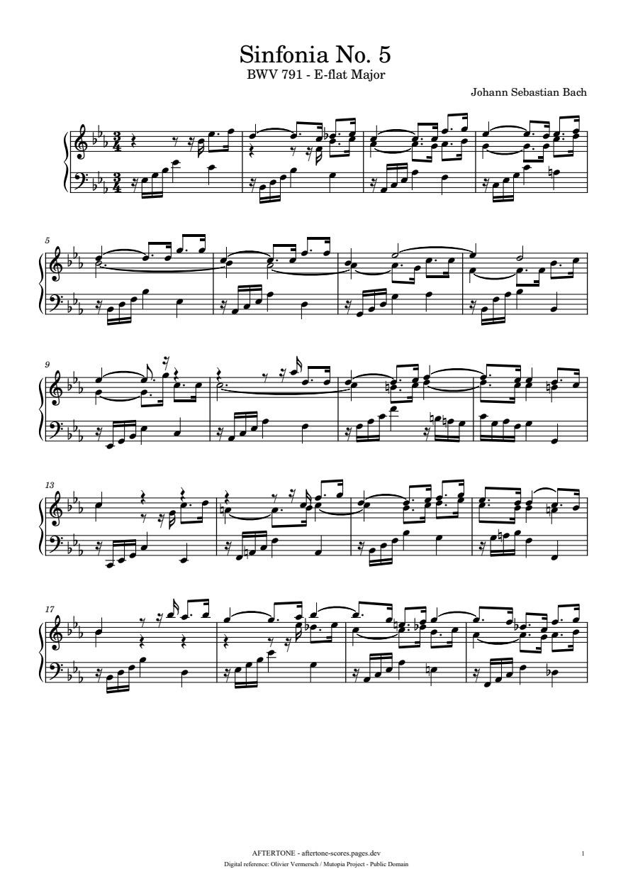 Sinfonia No. 5 in E-flat Major, BWV 791 piano sheet music, page 1