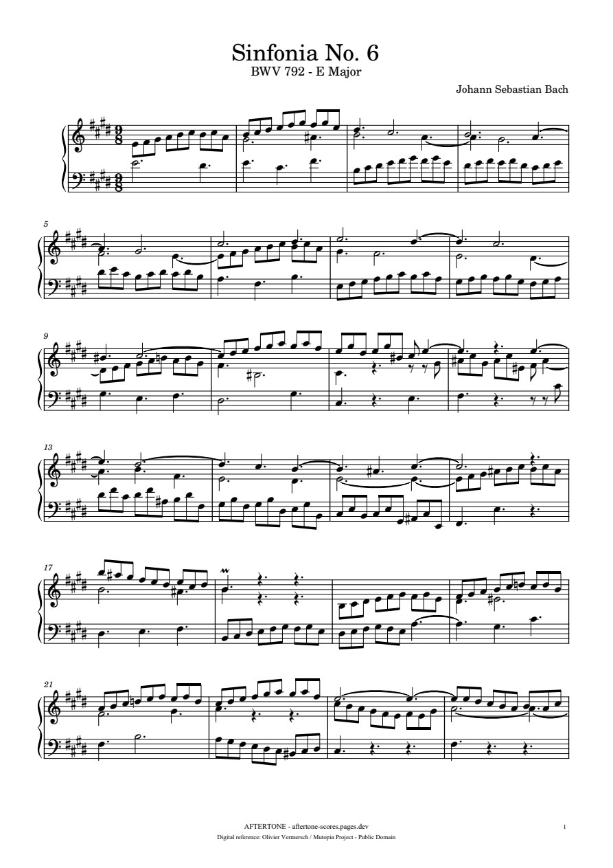 Sinfonia No. 6 in E Major, BWV 792 piano sheet music, page 1