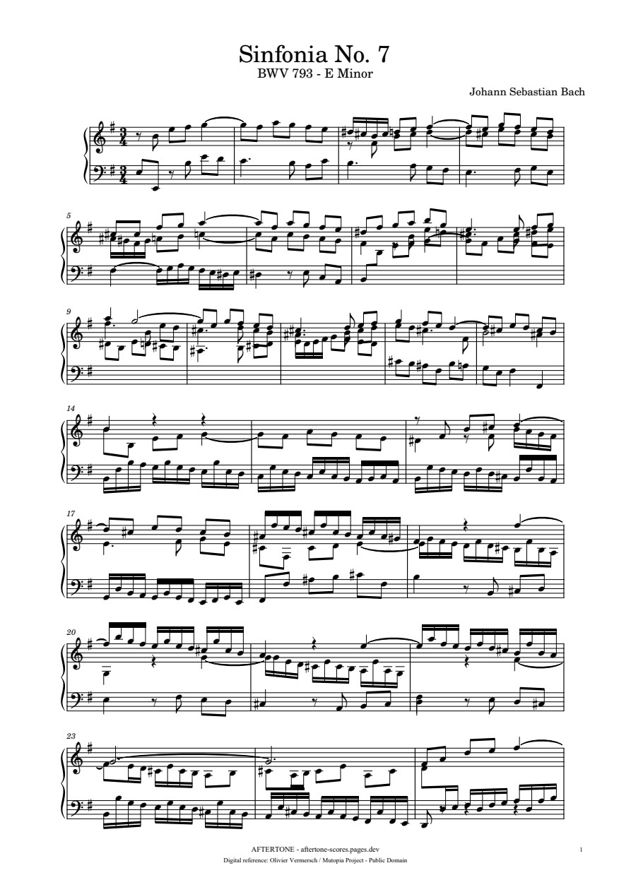 Sinfonia No. 7 in E Minor, BWV 793 piano sheet music, page 1