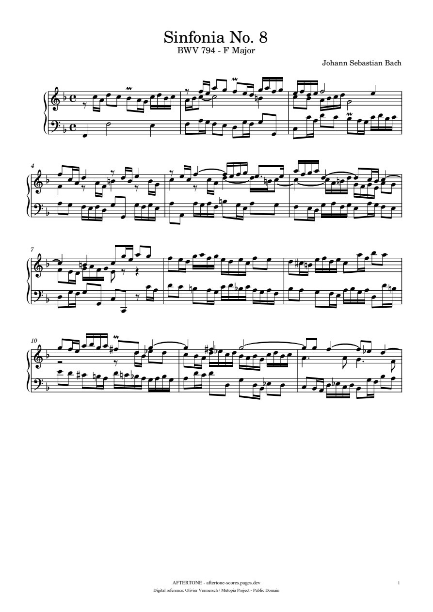 Sinfonia No. 8 in F Major, BWV 794 piano sheet music, page 1